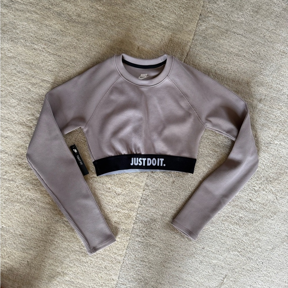 NWT Nike Women's Taupe Crop Top with Black 'Just Do It' Band size xs